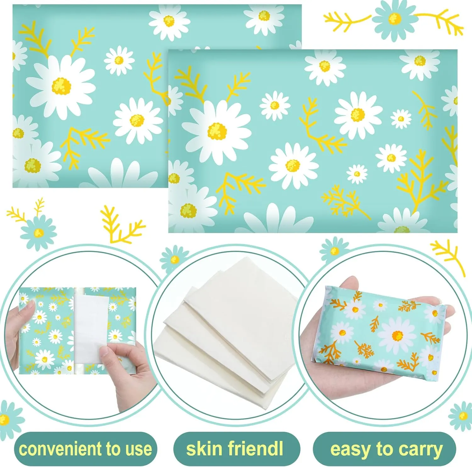 Geyee 50 Packs Facial Tissue Travel Packs Disposable Pocket Tissues for Wedding Guest Travel School Purse Home Supplies, 500 Sheets 3 Ply(Daisy)