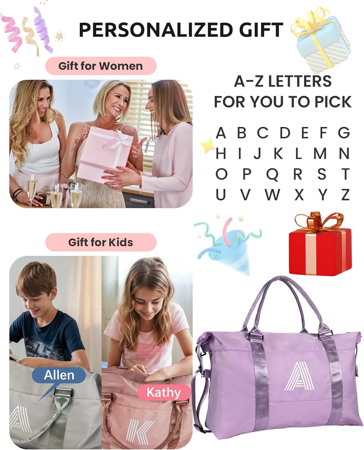 Gifts for Women, Initial Travel Duffel Bag, Sports Gym Bag, Personalized Weekender Bag with Shoulder Strap, Monogram Overnight Bag, Birthday Gifts Wife Gifts Bridal Shower Gifts (Letter E)