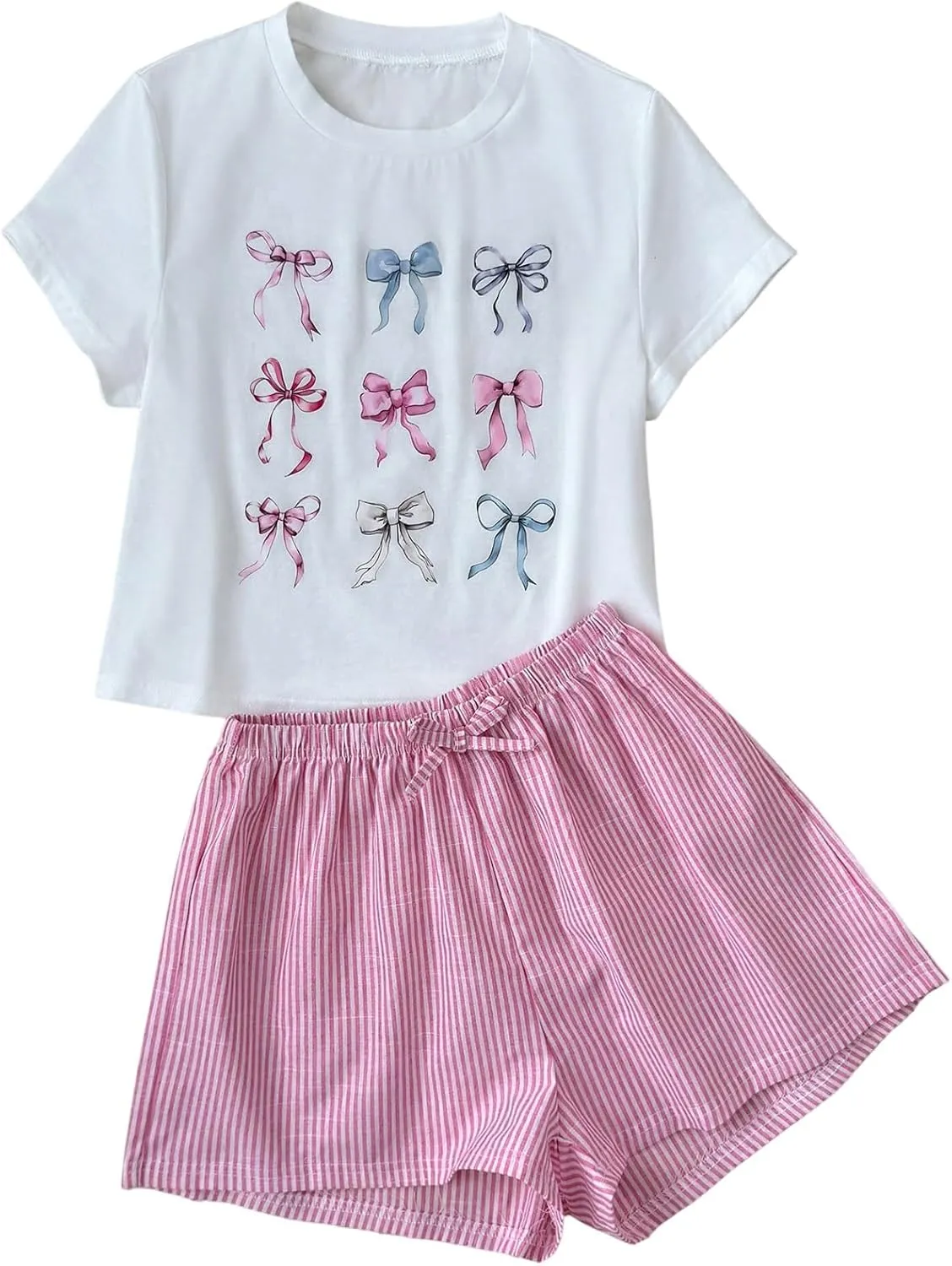 Girl's 2 Piece Cute Outfits Short Sleeve Bowknot Graphic Tees and Striped Shorts Set Summer Outfits