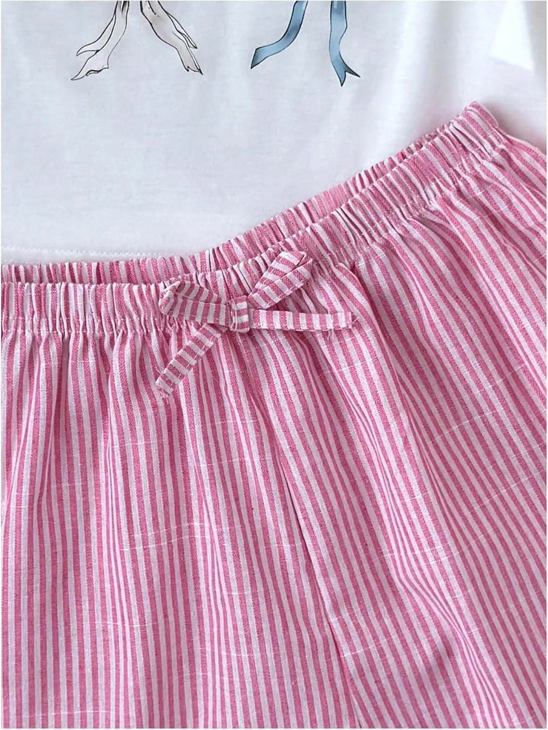 Girl's 2 Piece Cute Outfits Short Sleeve Bowknot Graphic Tees and Striped Shorts Set Summer Outfits