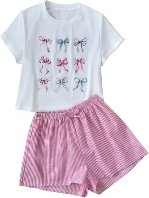 Girl's 2 Piece Cute Outfits Short Sleeve Bowknot Graphic Tees and Striped Shorts Set Summer Outfits