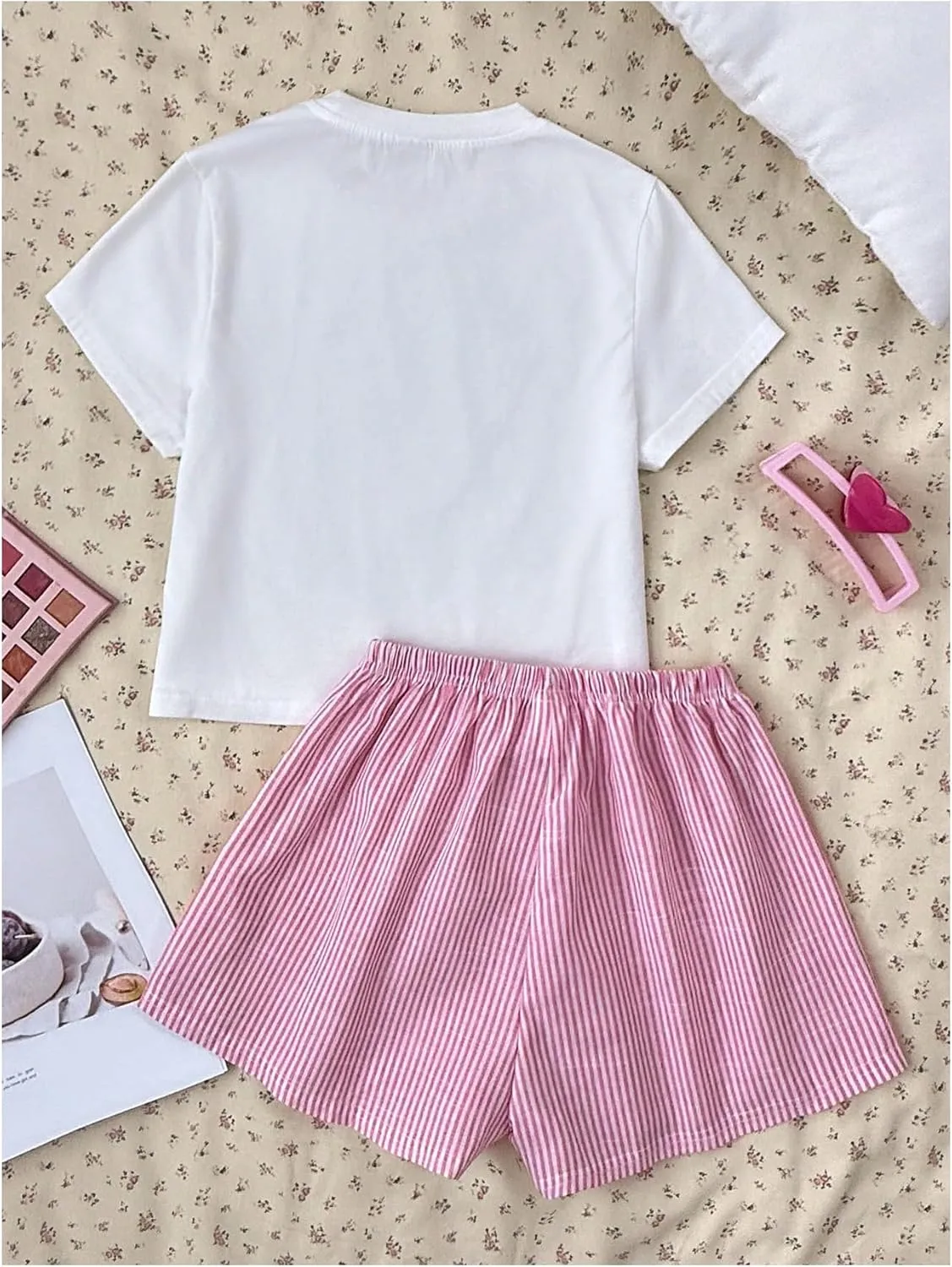 Girl's 2 Piece Cute Outfits Short Sleeve Bowknot Graphic Tees and Striped Shorts Set Summer Outfits
