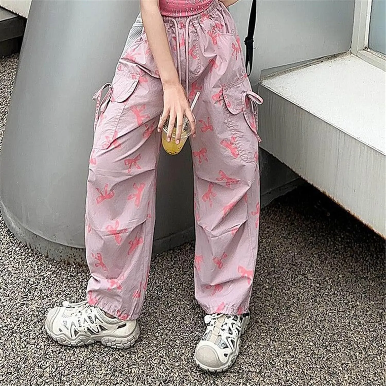 Girls 𝐘2K Cargo Pants with 𝐃rawstring Sweet Cool Bow Print Sweatpants with Pocket Causal Baggy Hip Hop Jeans