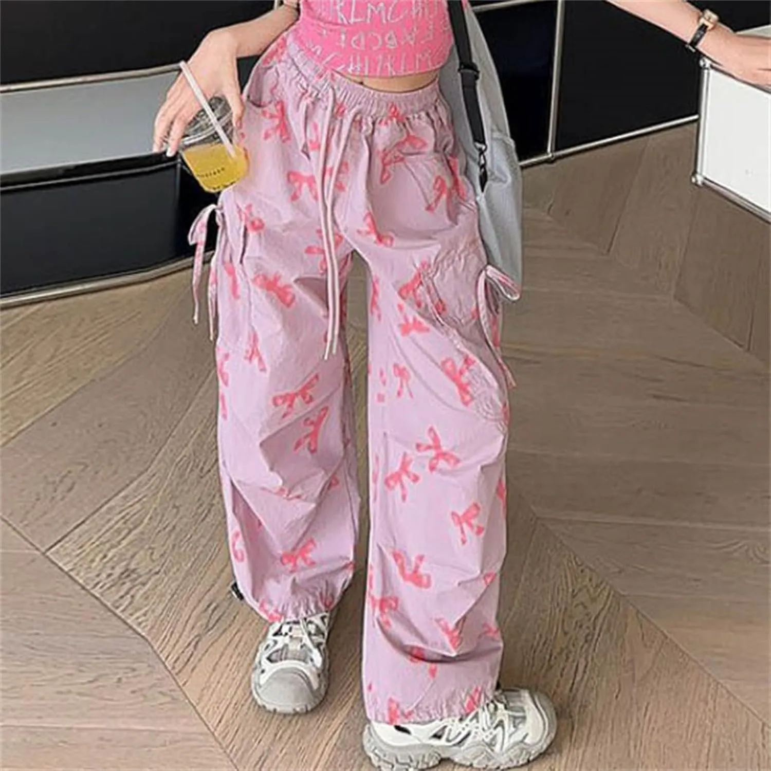 Girls 𝐘2K Cargo Pants with 𝐃rawstring Sweet Cool Bow Print Sweatpants with Pocket Causal Baggy Hip Hop Jeans