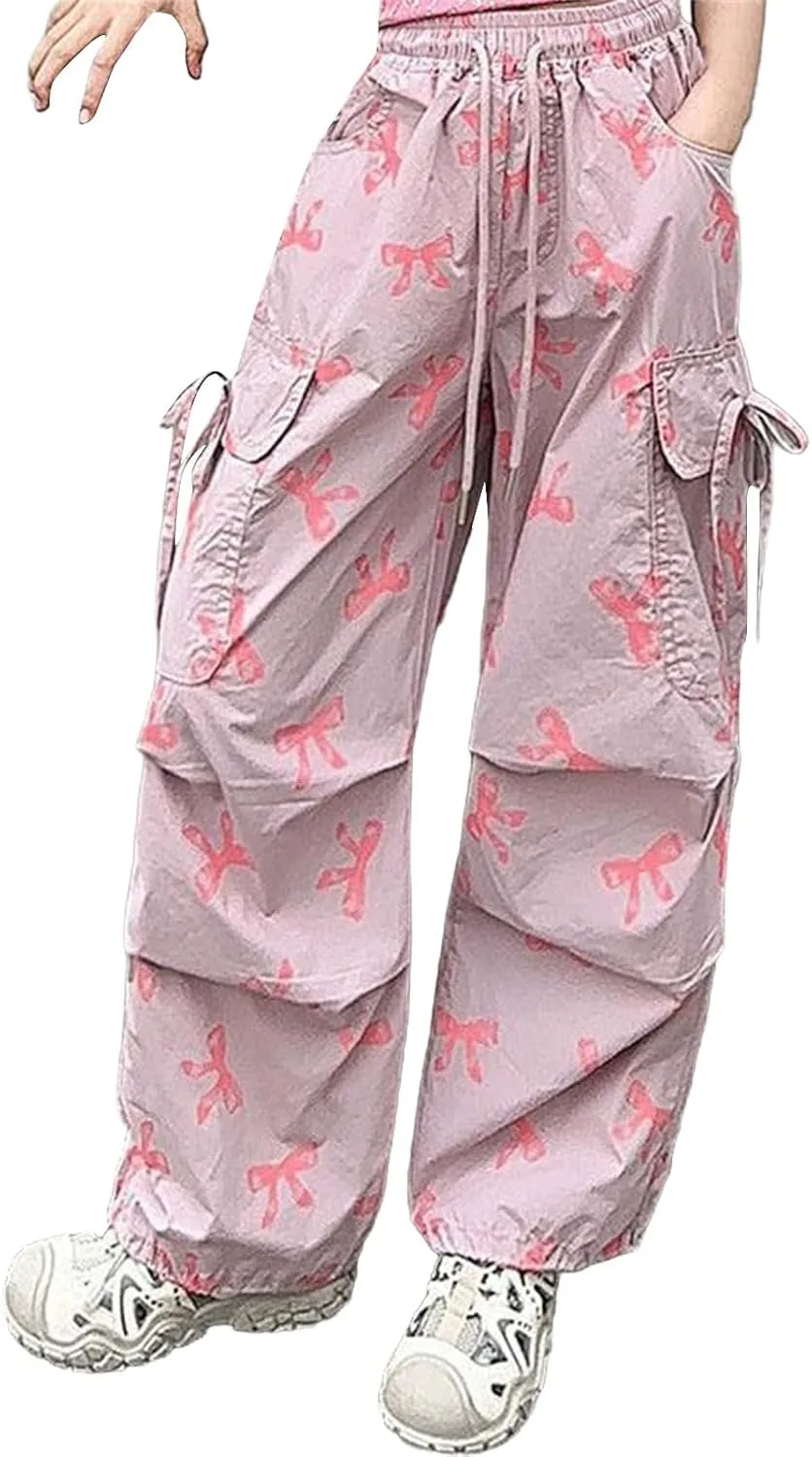 Girls 𝐘2K Cargo Pants with 𝐃rawstring Sweet Cool Bow Print Sweatpants with Pocket Causal Baggy Hip Hop Jeans