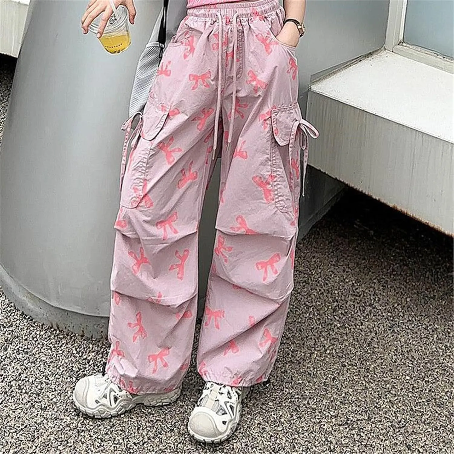 Girls 𝐘2K Cargo Pants with 𝐃rawstring Sweet Cool Bow Print Sweatpants with Pocket Causal Baggy Hip Hop Jeans