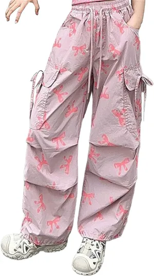 Girls 𝐘2K Cargo Pants with 𝐃rawstring Sweet Cool Bow Print Sweatpants with Pocket Causal Baggy Hip Hop Jeans