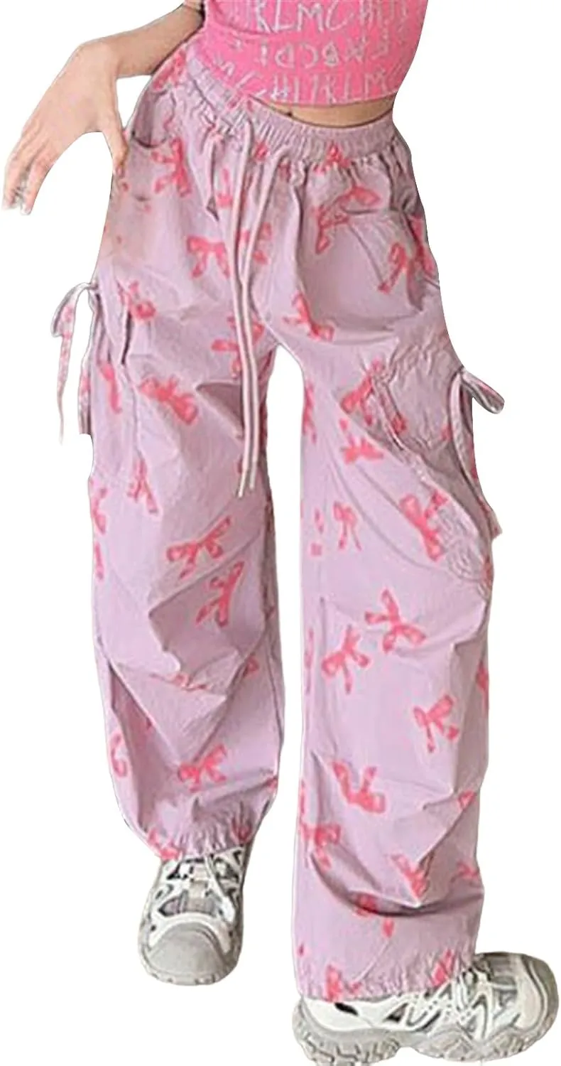 Girls 𝐘2K Cargo Pants with 𝐃rawstring Sweet Cool Bow Print Sweatpants with Pocket Causal Baggy Hip Hop Jeans