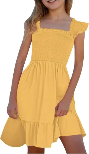 Girls Dresses Double Pleated Sleeve Square Neck Off Shoulder Tween Sundress Smocked Flowy Dress Size 5-16