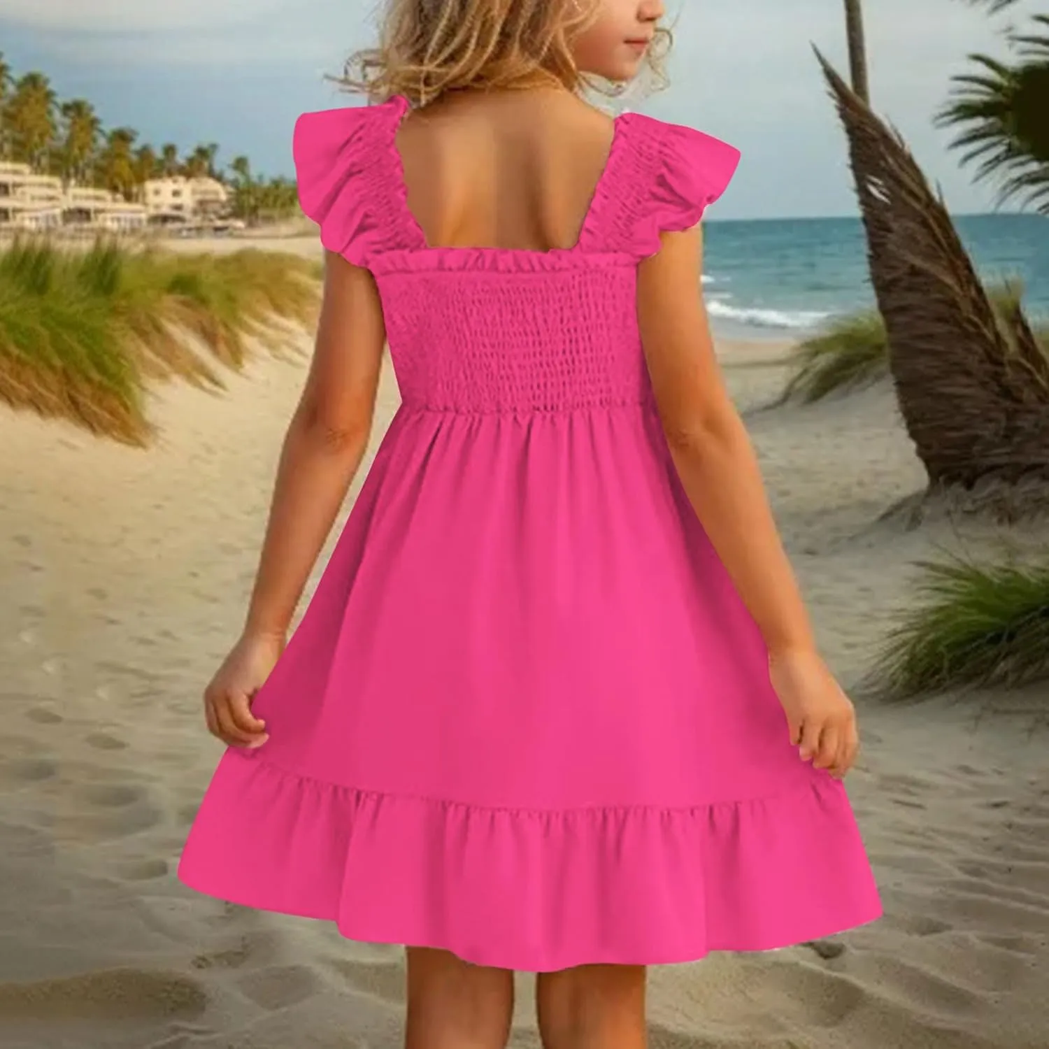 Girls Dresses Double Pleated Sleeve Square Neck Off Shoulder Tween Sundress Smocked Flowy Dress Size 5-16