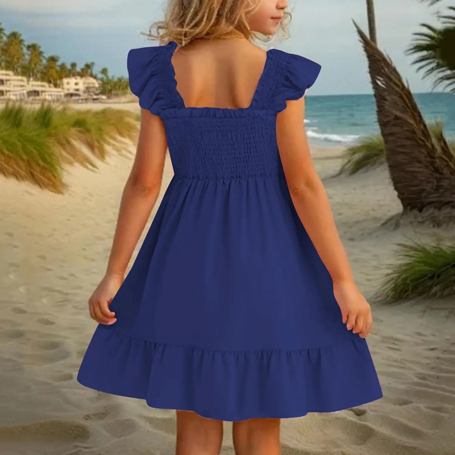 Girls Dresses Double Pleated Sleeve Square Neck Off Shoulder Tween Sundress Smocked Flowy Dress Size 5-16