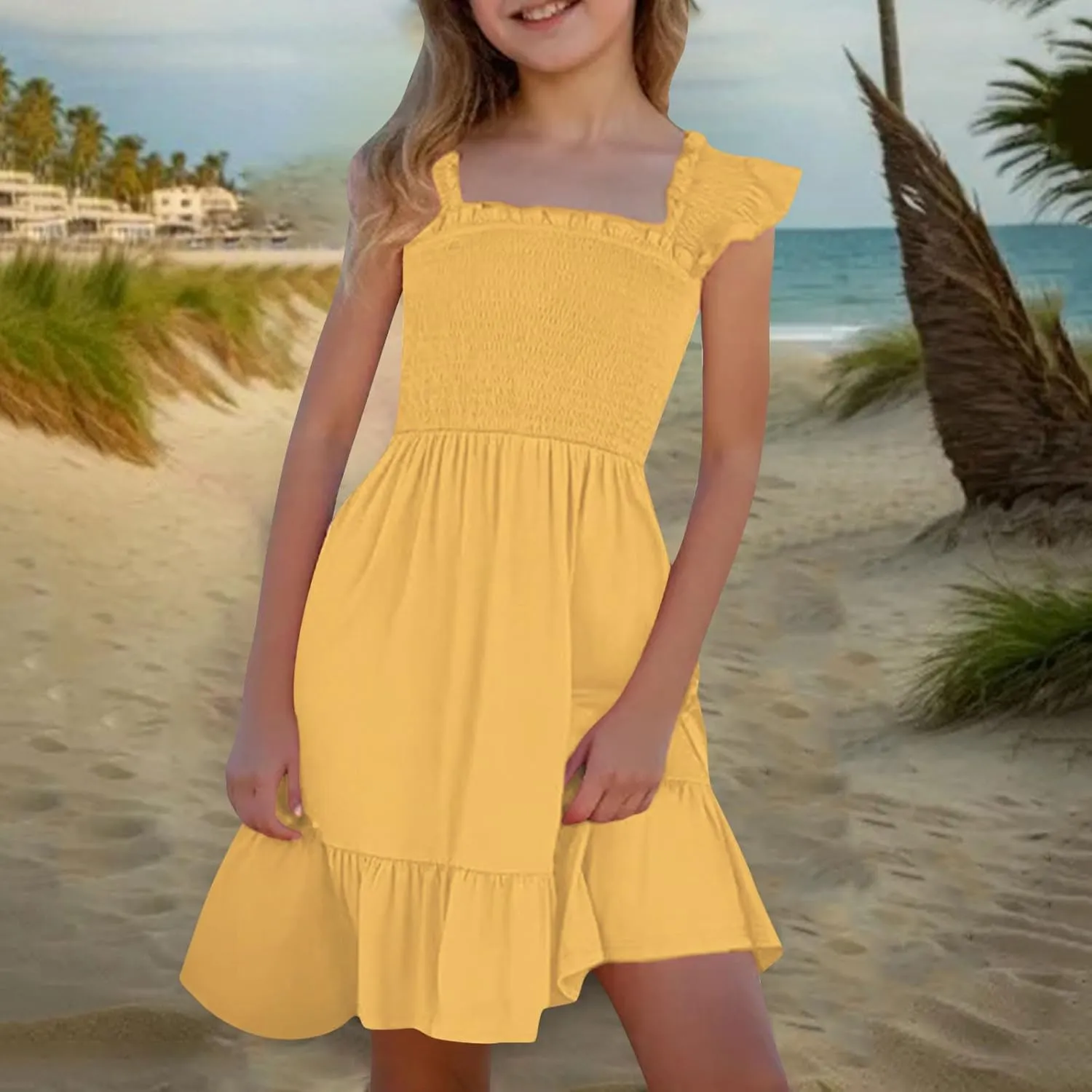 Girls Dresses Double Pleated Sleeve Square Neck Off Shoulder Tween Sundress Smocked Flowy Dress Size 5-16