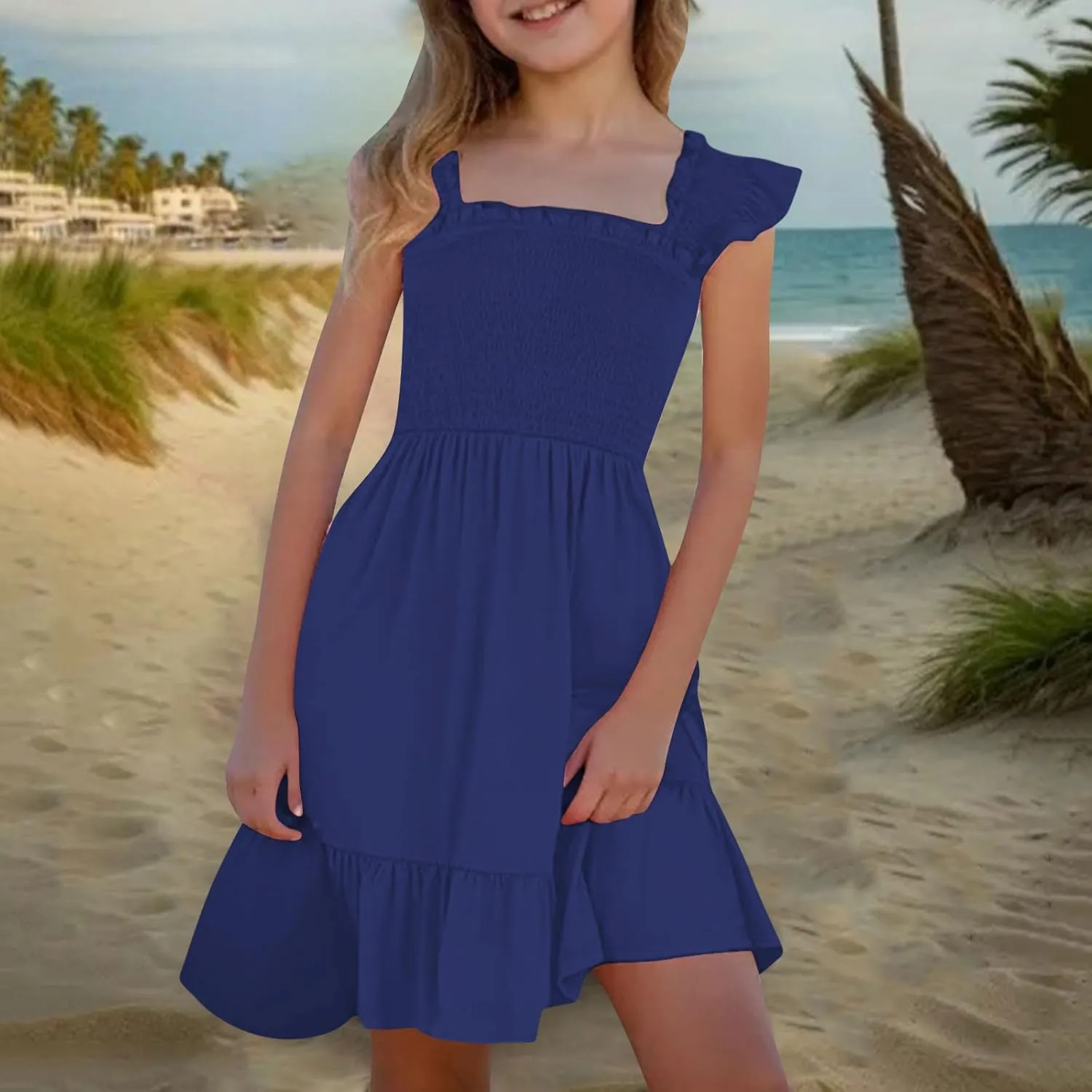 Girls Dresses Double Pleated Sleeve Square Neck Off Shoulder Tween Sundress Smocked Flowy Dress Size 5-16