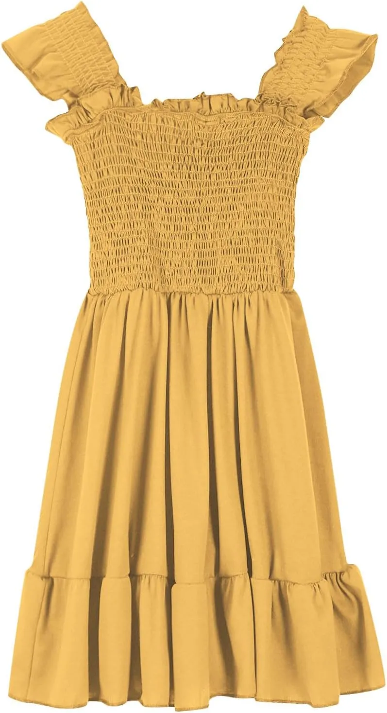 Girls Dresses Double Pleated Sleeve Square Neck Off Shoulder Tween Sundress Smocked Flowy Dress Size 5-16