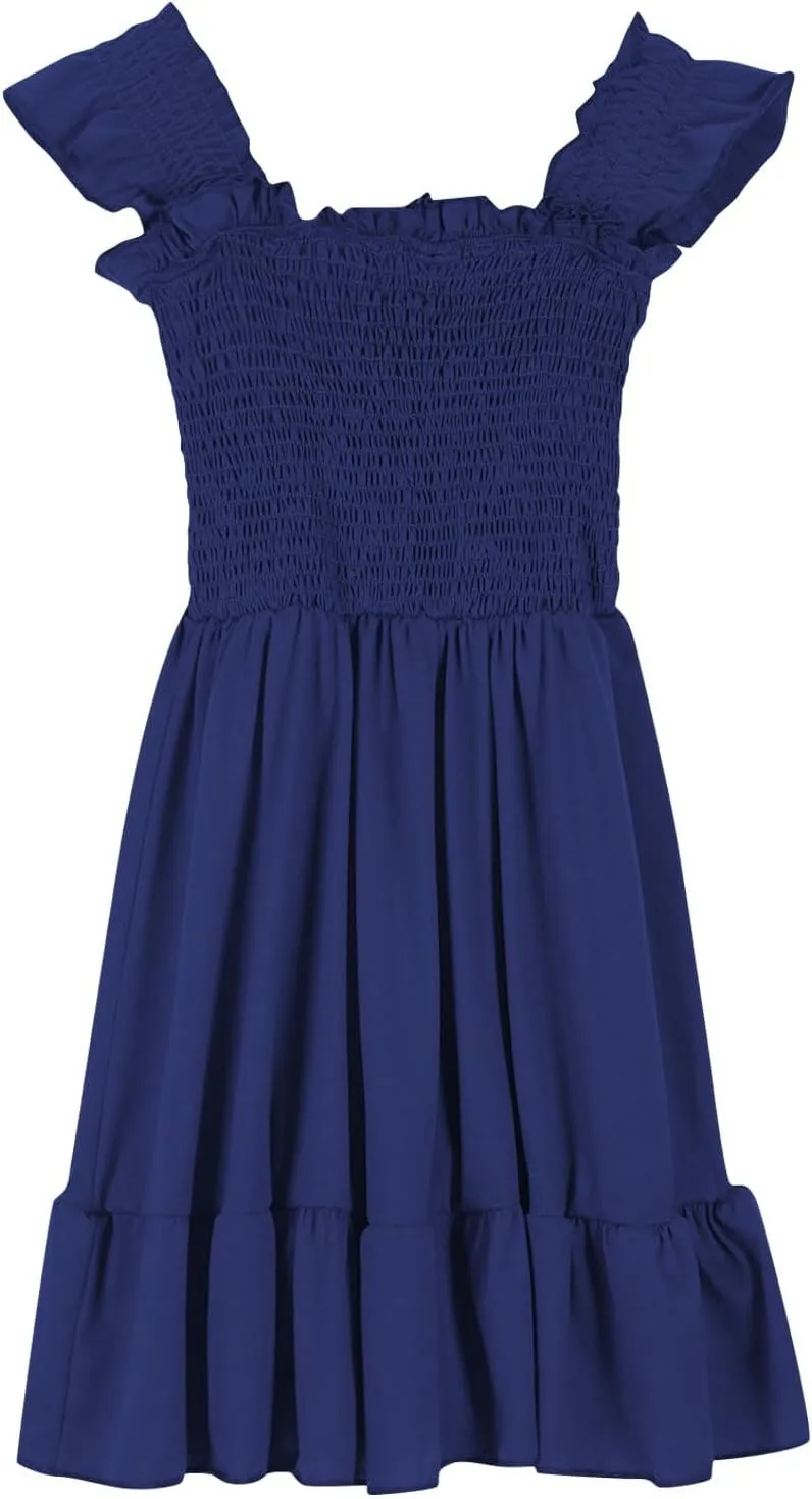 Girls Dresses Double Pleated Sleeve Square Neck Off Shoulder Tween Sundress Smocked Flowy Dress Size 5-16
