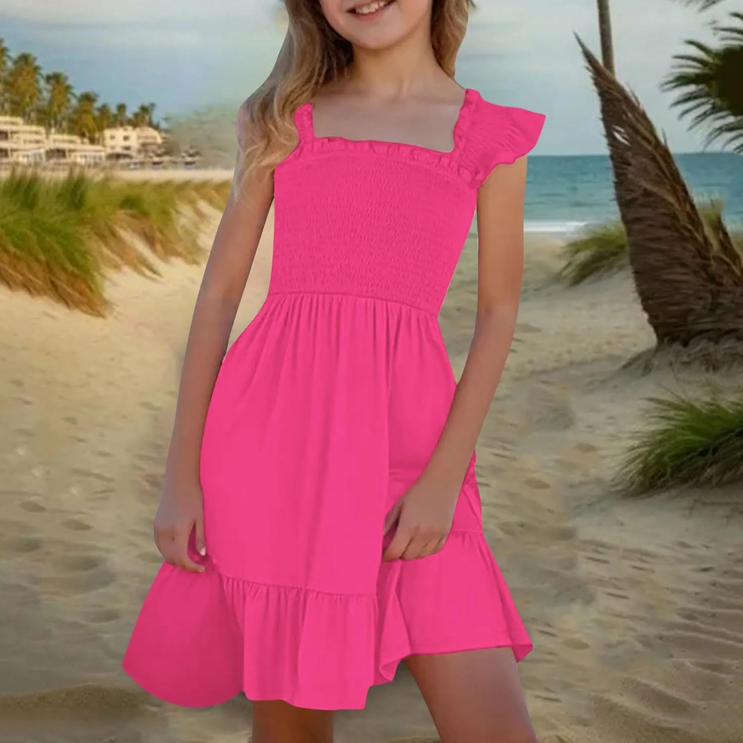 Girls Dresses Double Pleated Sleeve Square Neck Off Shoulder Tween Sundress Smocked Flowy Dress Size 5-16