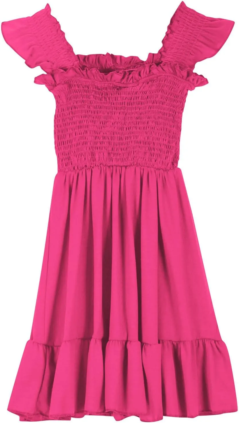 Girls Dresses Double Pleated Sleeve Square Neck Off Shoulder Tween Sundress Smocked Flowy Dress Size 5-16