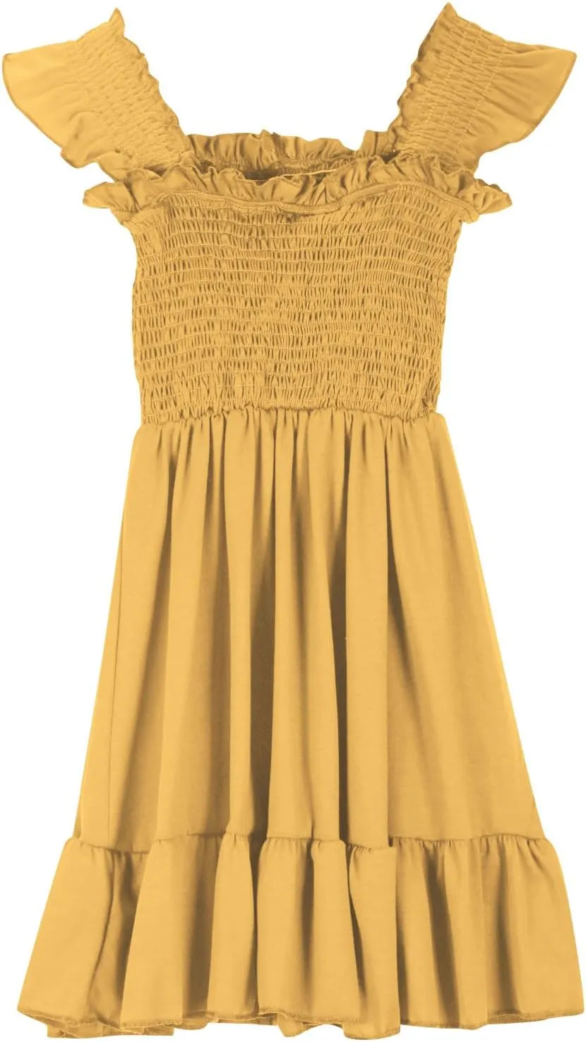 Girls Dresses Double Pleated Sleeve Square Neck Off Shoulder Tween Sundress Smocked Flowy Dress Size 5-16