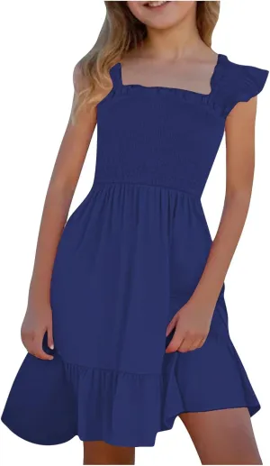 Girls Dresses Double Pleated Sleeve Square Neck Off Shoulder Tween Sundress Smocked Flowy Dress Size 5-16