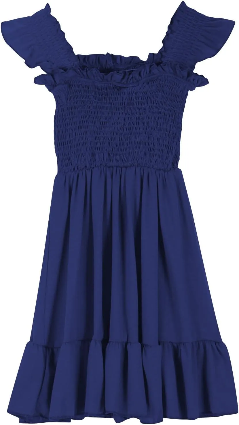 Girls Dresses Double Pleated Sleeve Square Neck Off Shoulder Tween Sundress Smocked Flowy Dress Size 5-16