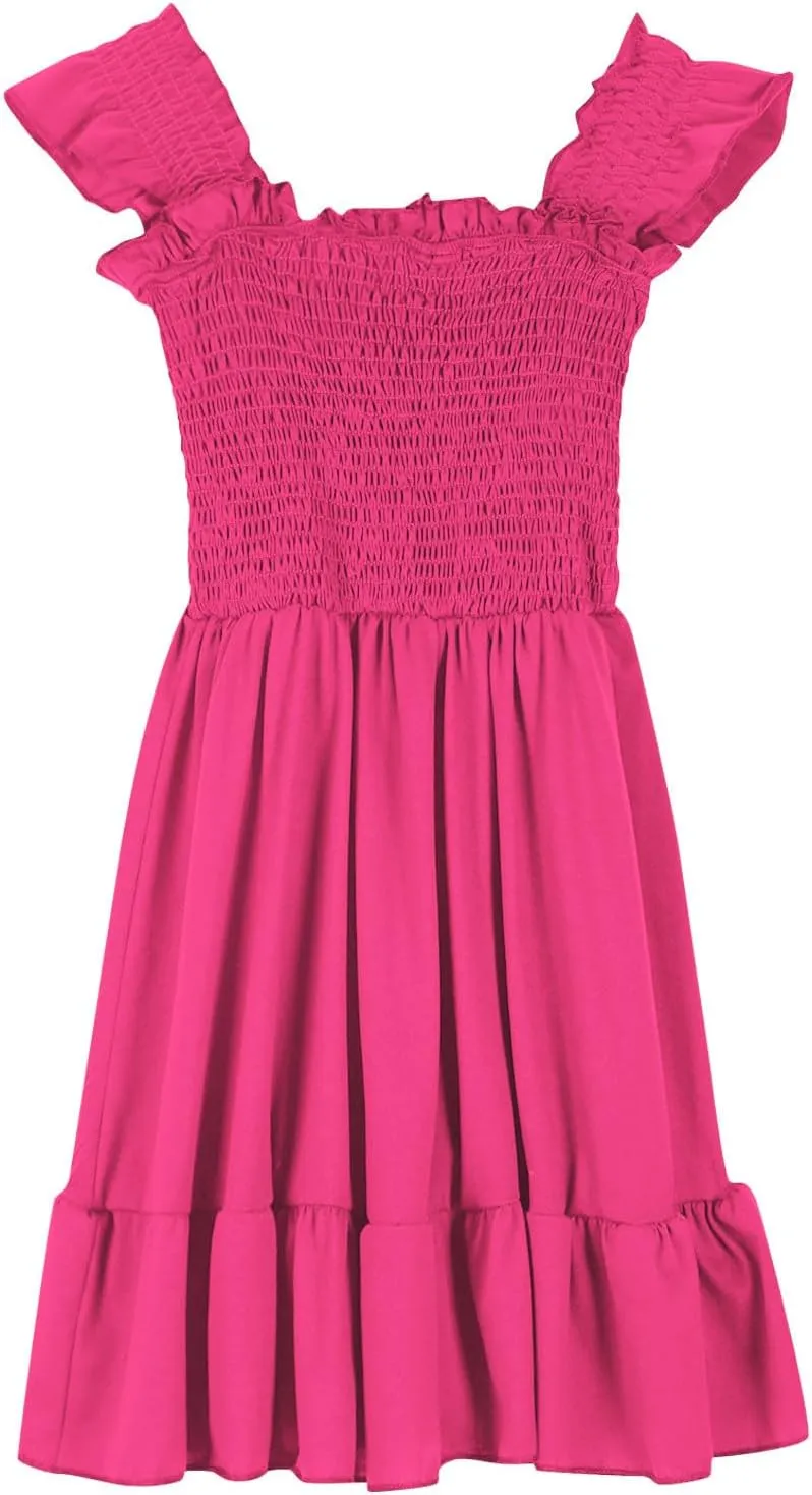 Girls Dresses Double Pleated Sleeve Square Neck Off Shoulder Tween Sundress Smocked Flowy Dress Size 5-16