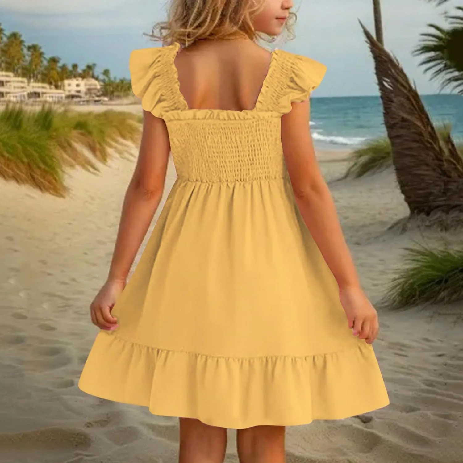 Girls Dresses Double Pleated Sleeve Square Neck Off Shoulder Tween Sundress Smocked Flowy Dress Size 5-16