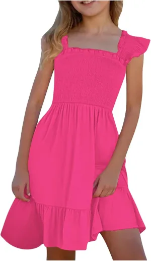 Girls Dresses Double Pleated Sleeve Square Neck Off Shoulder Tween Sundress Smocked Flowy Dress Size 5-16