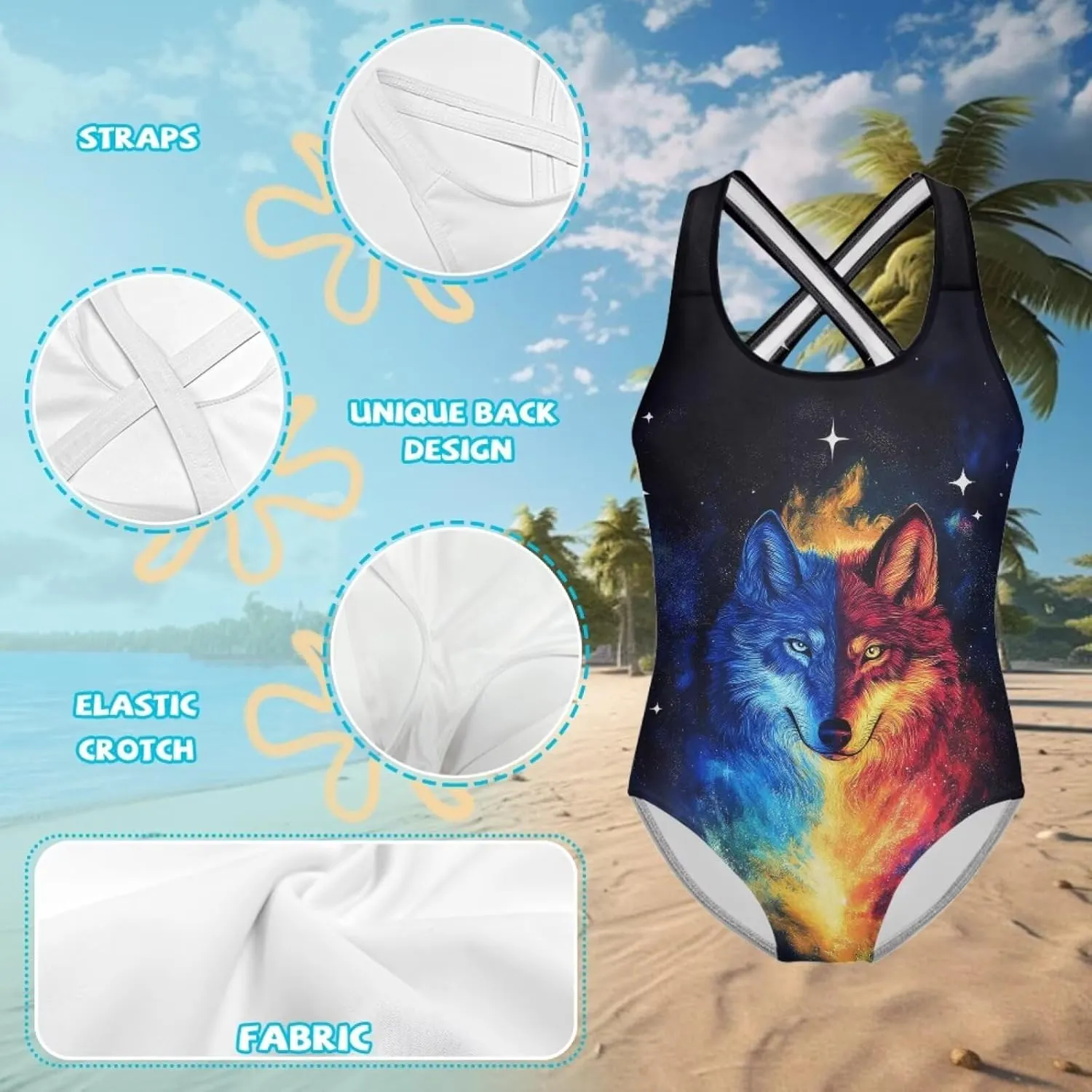 Girls Horse Swimsuit One Piece Swimwear with Cross Back Straps Summer Quick Dry Beach Bathing Suit