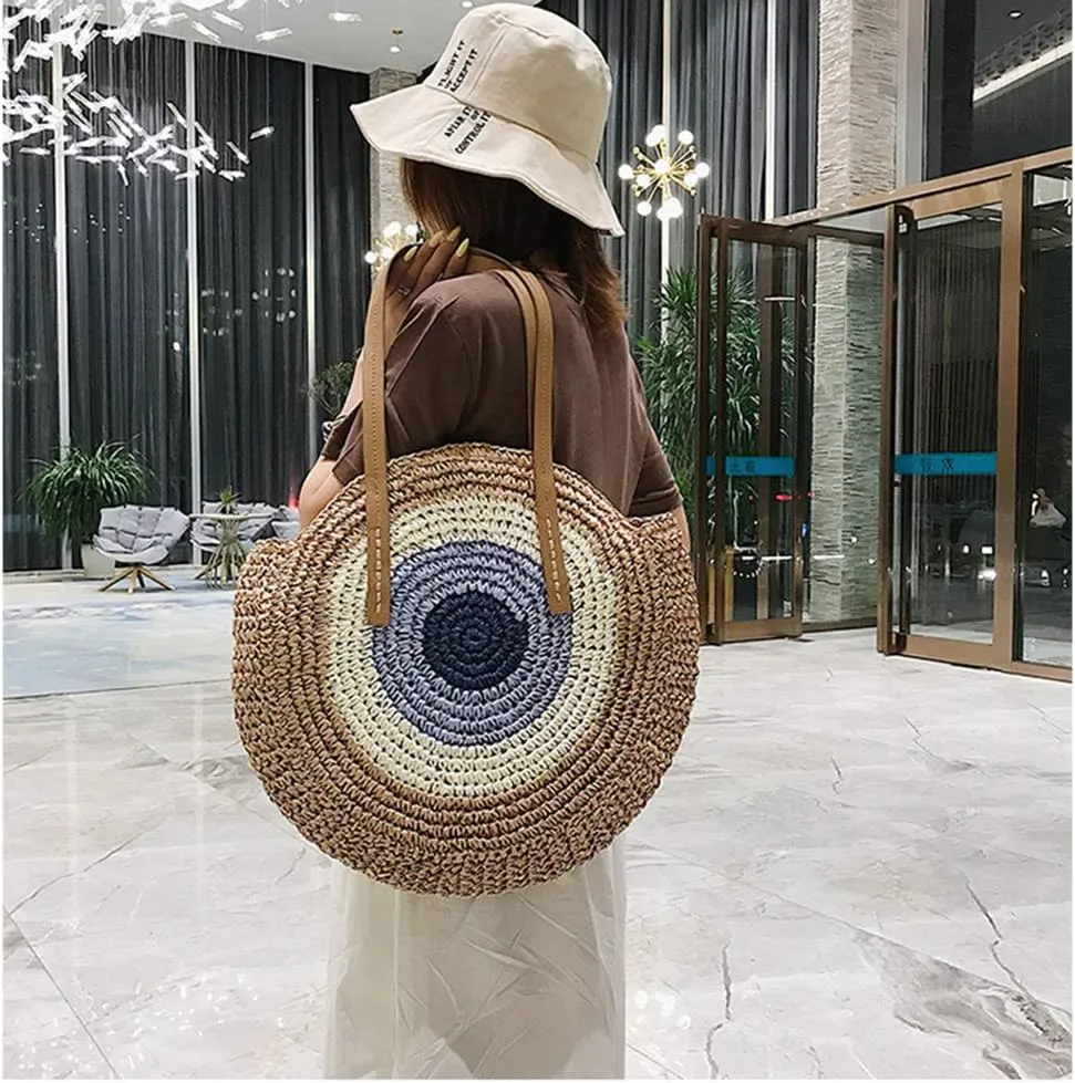 GL-Turelifes Round Summer Straw Bag Big Weave Handbags Beach Shoulder Bags Vocation Tote HandbagsTravel Bag for Women