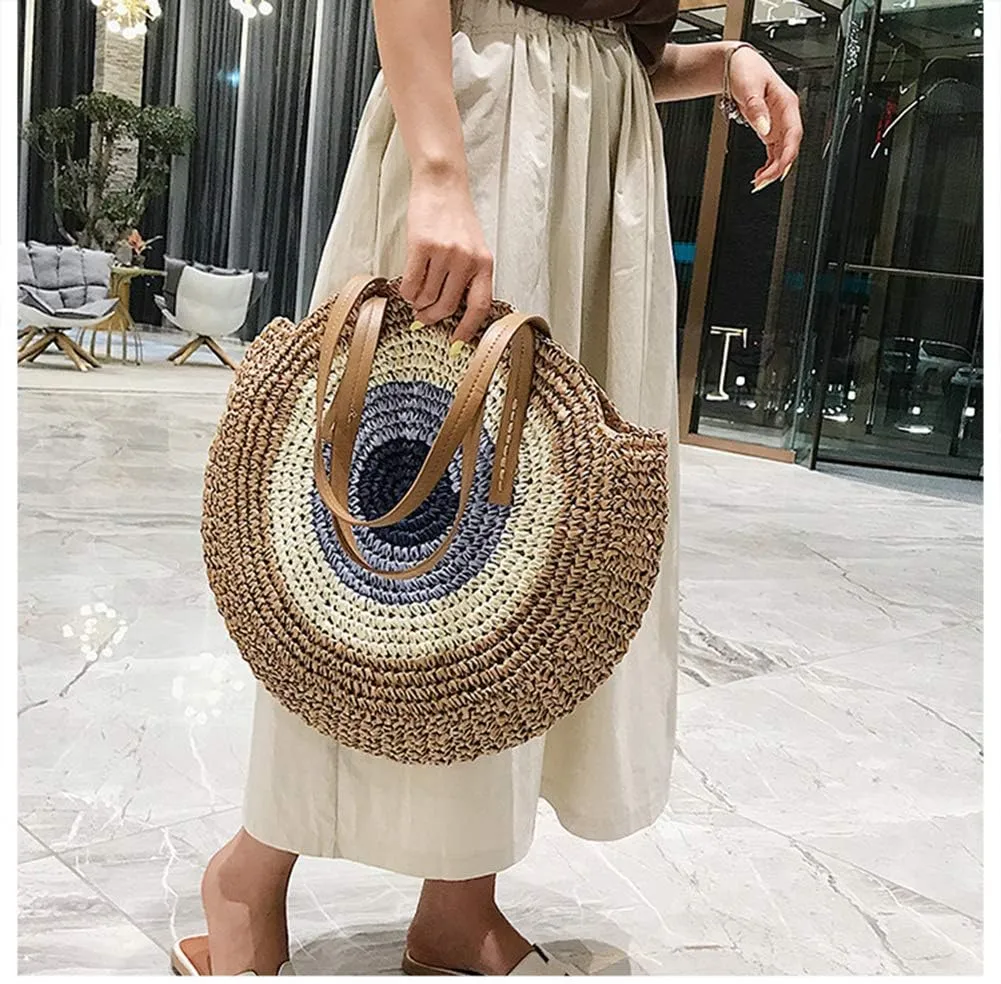 GL-Turelifes Round Summer Straw Bag Big Weave Handbags Beach Shoulder Bags Vocation Tote HandbagsTravel Bag for Women