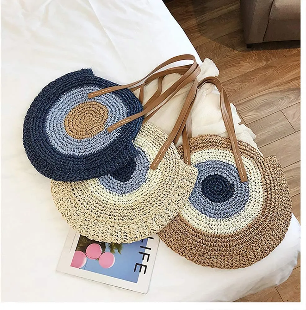 GL-Turelifes Round Summer Straw Bag Big Weave Handbags Beach Shoulder Bags Vocation Tote HandbagsTravel Bag for Women