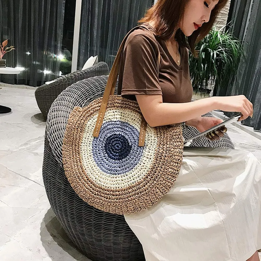 GL-Turelifes Round Summer Straw Bag Big Weave Handbags Beach Shoulder Bags Vocation Tote HandbagsTravel Bag for Women