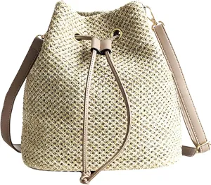 Goclothod Small Drawstring Shoulder Bag Straw Weave Handbag Summer Beach Purse
