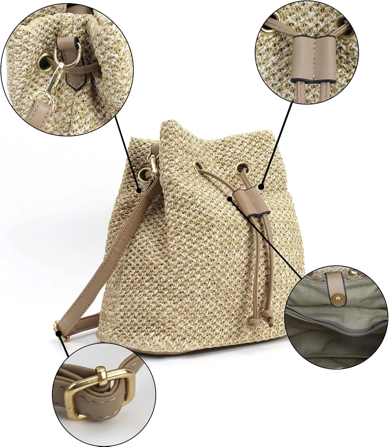 Goclothod Small Drawstring Shoulder Bag Straw Weave Handbag Summer Beach Purse
