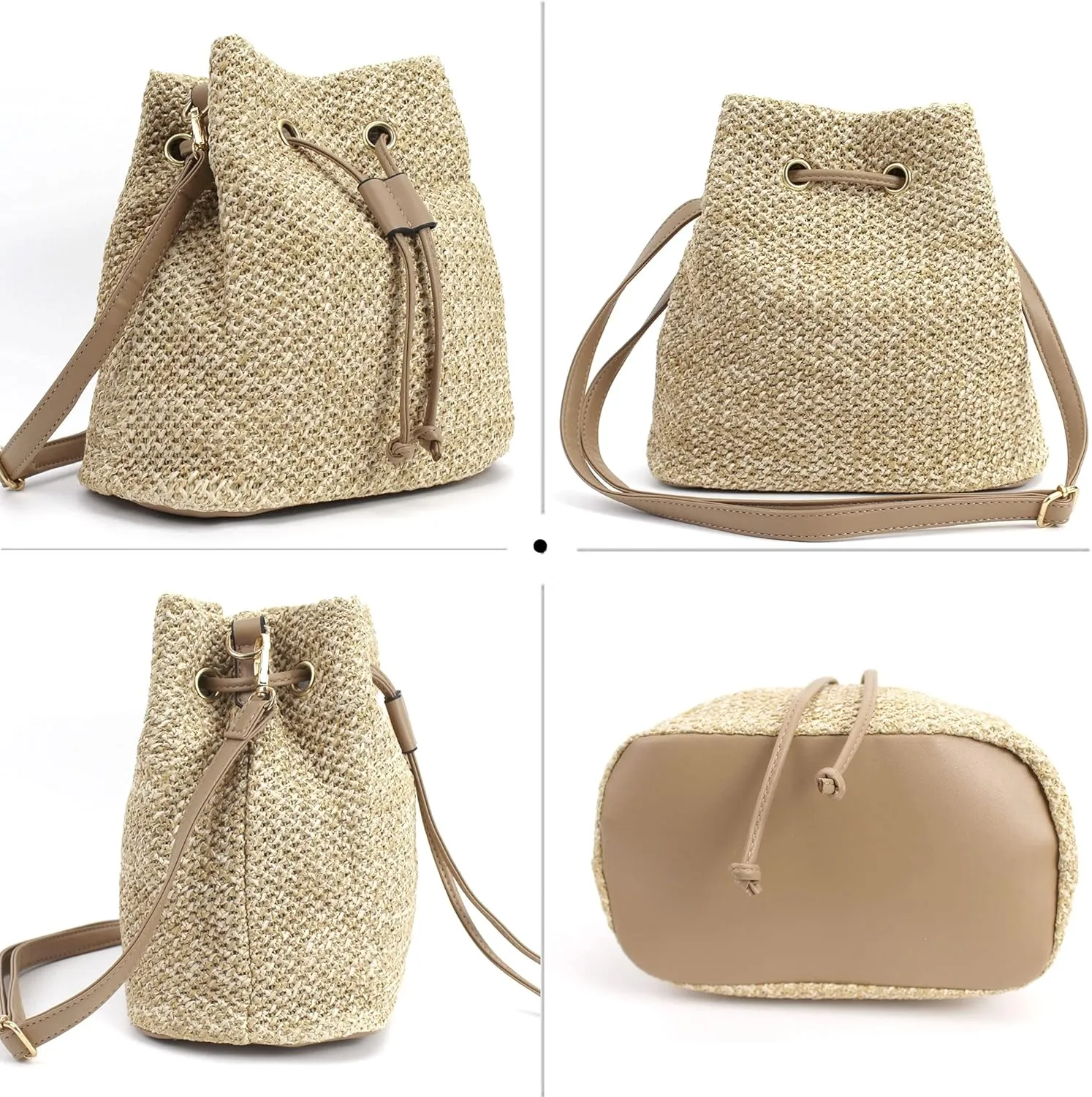 Goclothod Small Drawstring Shoulder Bag Straw Weave Handbag Summer Beach Purse