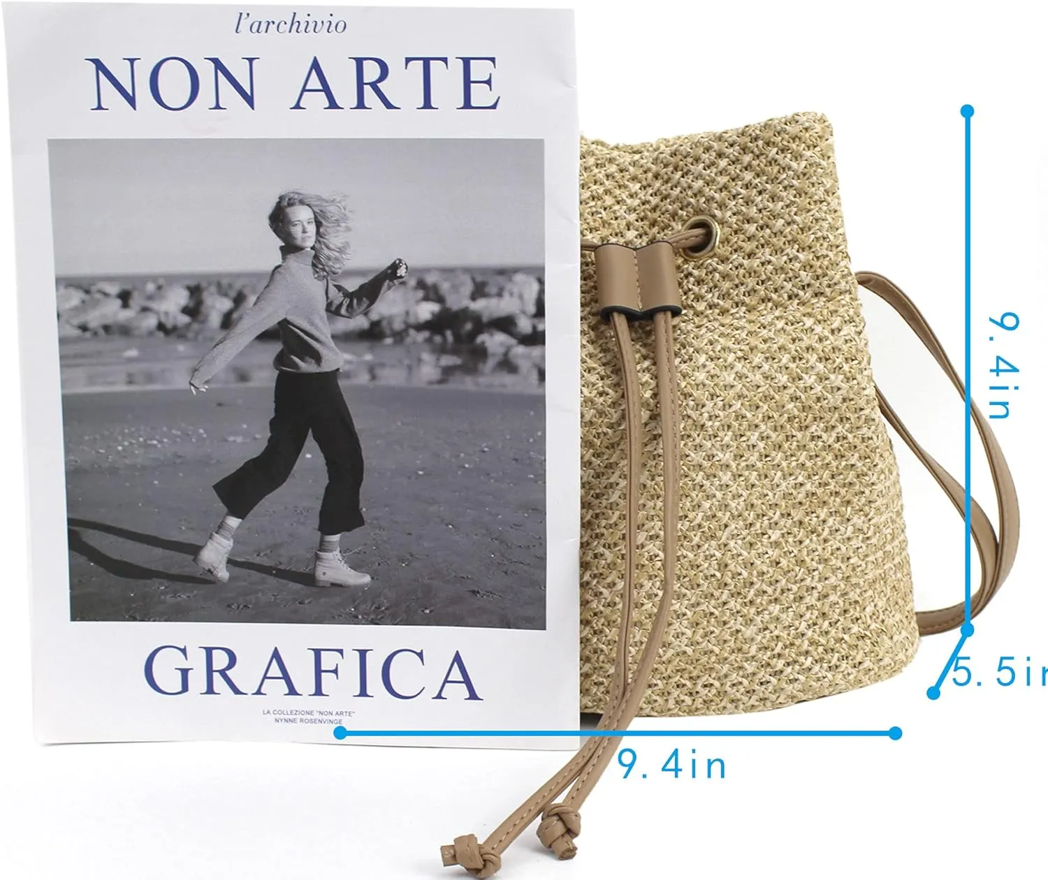 Goclothod Small Drawstring Shoulder Bag Straw Weave Handbag Summer Beach Purse