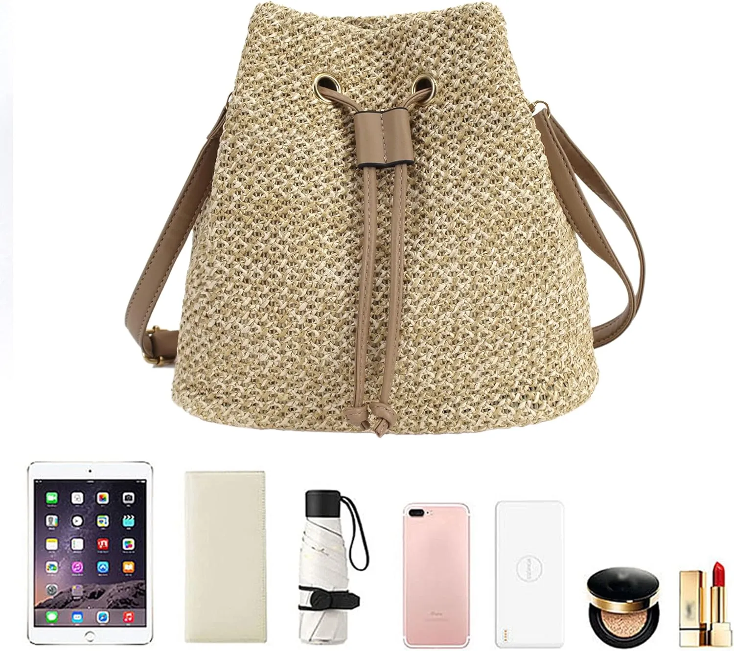 Goclothod Small Drawstring Shoulder Bag Straw Weave Handbag Summer Beach Purse