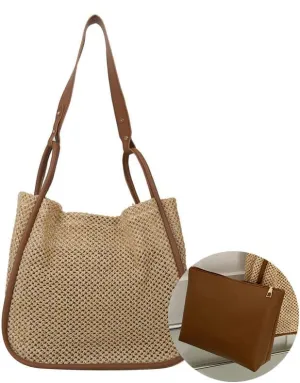 Gogobear Summer Woven Straw Tote Bag Large Capacity Comfortable Shoulder Bag Beach Vacation Boho Handbag