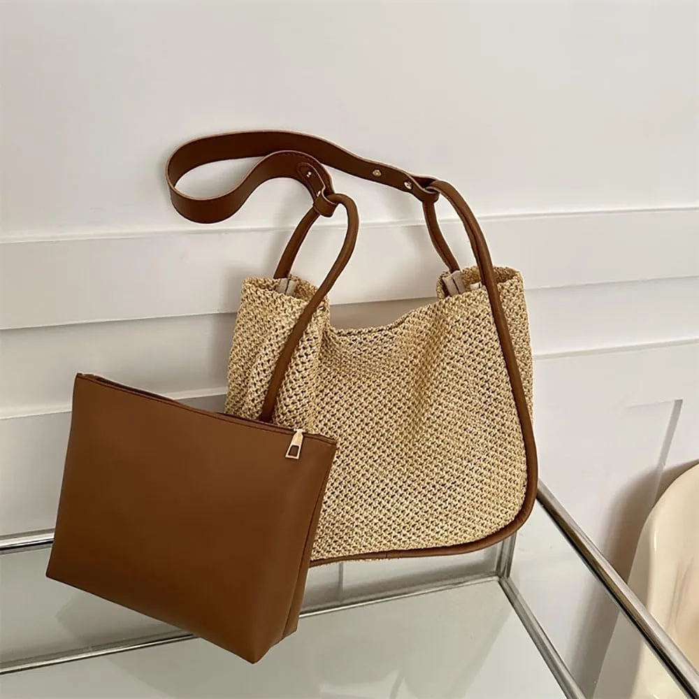 Gogobear Summer Woven Straw Tote Bag Large Capacity Comfortable Shoulder Bag Beach Vacation Boho Handbag