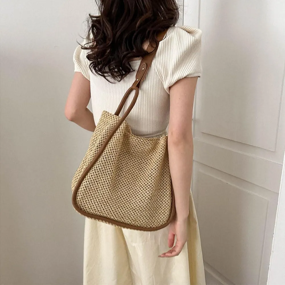 Gogobear Summer Woven Straw Tote Bag Large Capacity Comfortable Shoulder Bag Beach Vacation Boho Handbag