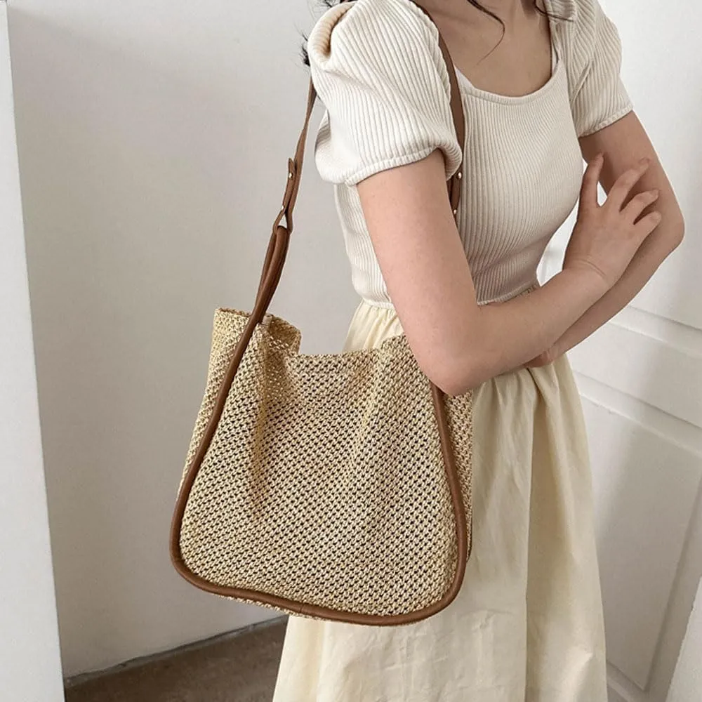 Gogobear Summer Woven Straw Tote Bag Large Capacity Comfortable Shoulder Bag Beach Vacation Boho Handbag