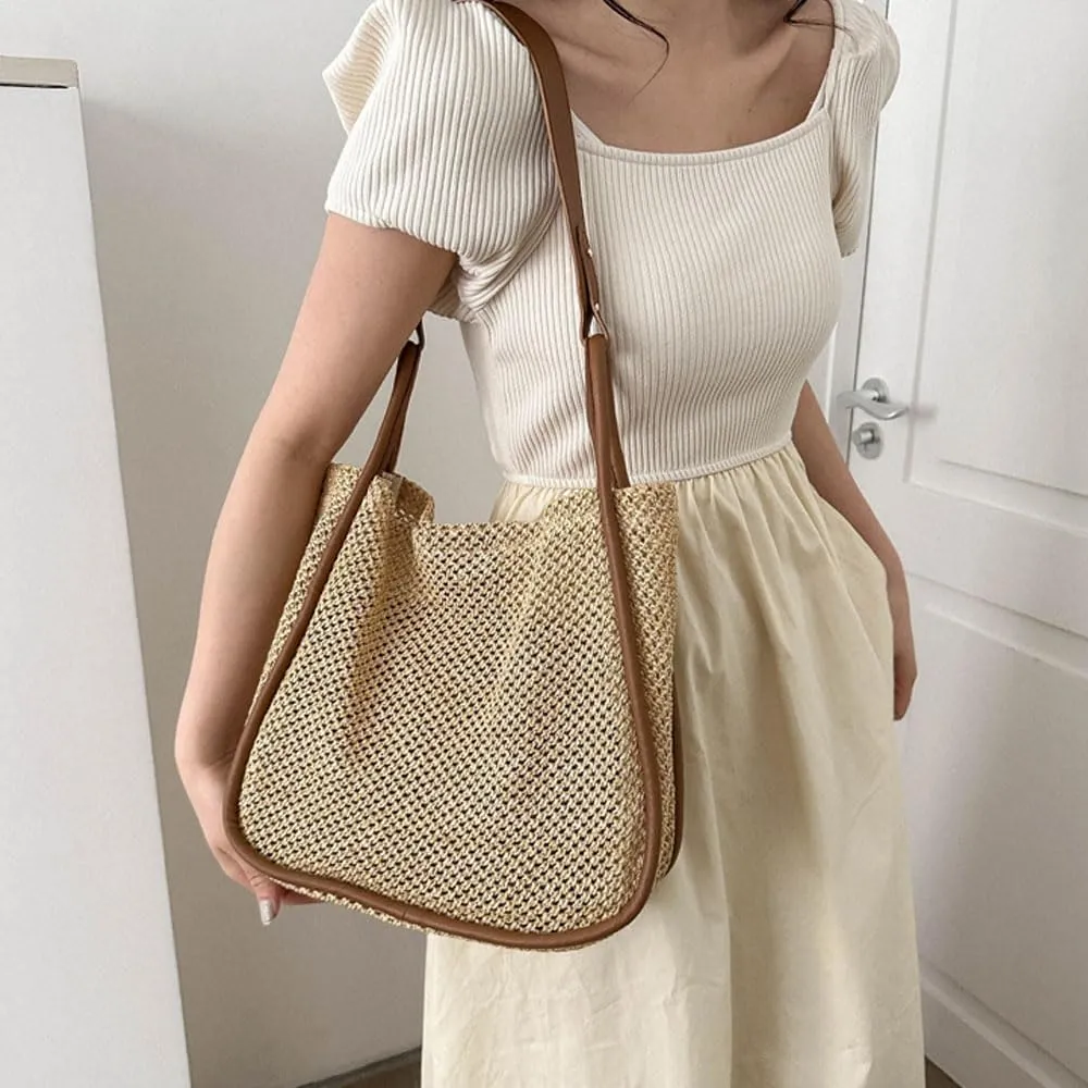Gogobear Summer Woven Straw Tote Bag Large Capacity Comfortable Shoulder Bag Beach Vacation Boho Handbag