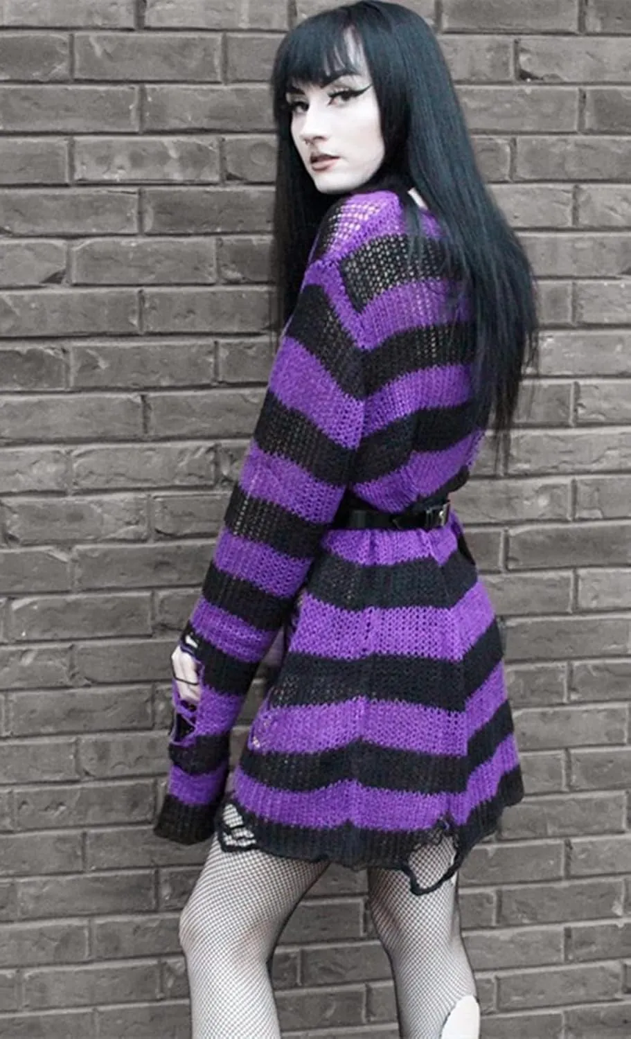 Goth Y2K Striped Sweater Ripped Punk Gothic Sweaters for Women Harajuku Aesthetic Halloween Pullover Tops
