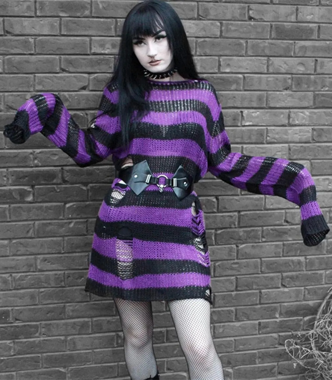 Goth Y2K Striped Sweater Ripped Punk Gothic Sweaters for Women Harajuku Aesthetic Halloween Pullover Tops