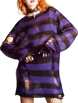 Goth Y2K Striped Sweater Ripped Punk Gothic Sweaters for Women Harajuku Aesthetic Halloween Pullover Tops