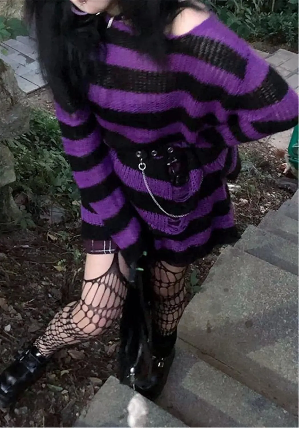 Goth Y2K Striped Sweater Ripped Punk Gothic Sweaters for Women Harajuku Aesthetic Halloween Pullover Tops