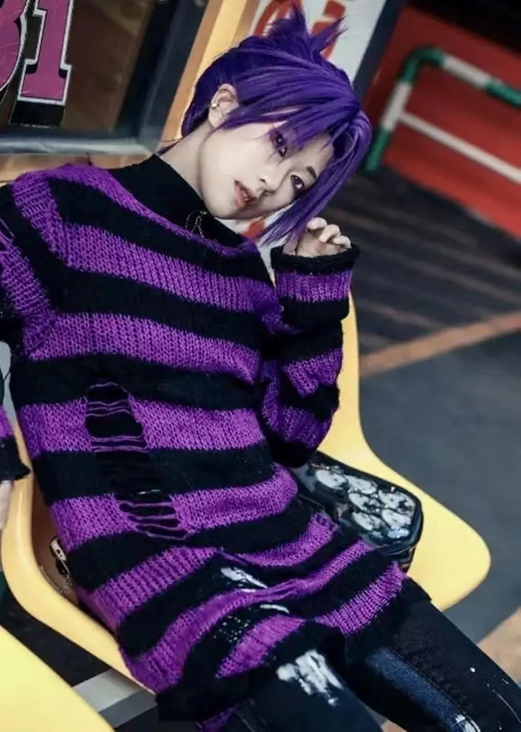 Goth Y2K Striped Sweater Ripped Punk Gothic Sweaters for Women Harajuku Aesthetic Halloween Pullover Tops