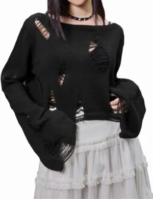 Goth Y2K Striped Sweater Ripped Punk Gothic Sweaters for Women Harajuku Aesthetic Halloween Pullover Tops
