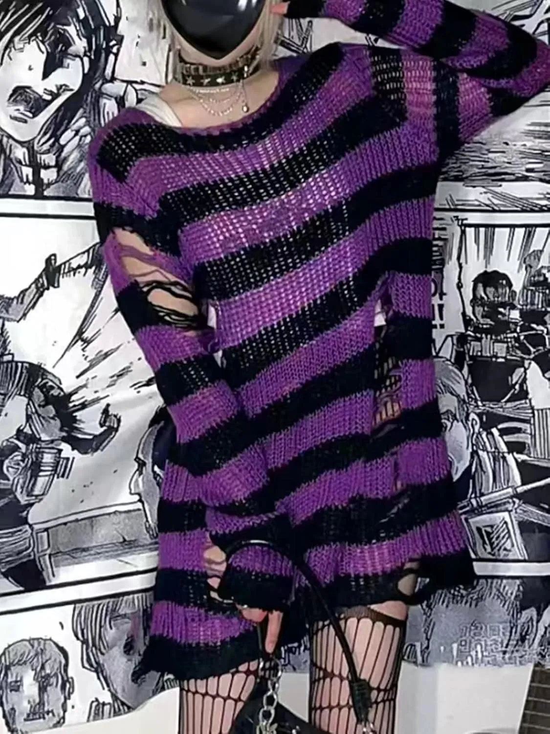 Goth Y2K Striped Sweater Ripped Punk Gothic Sweaters for Women Harajuku Aesthetic Halloween Pullover Tops