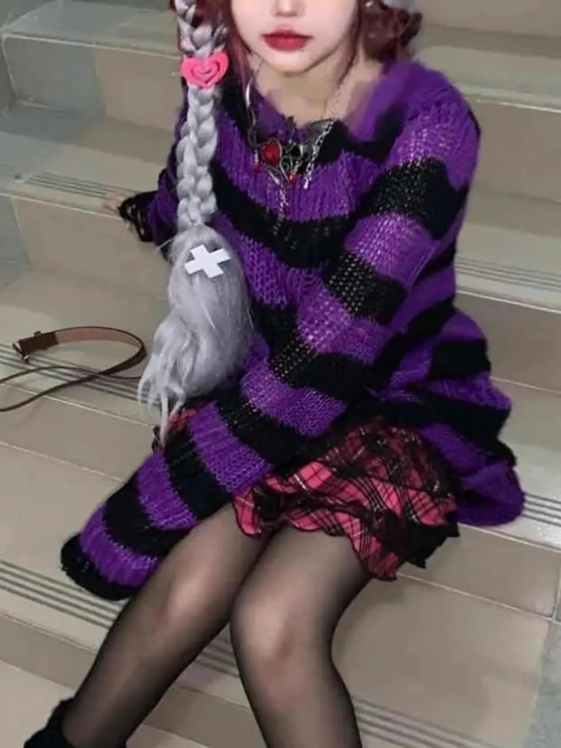 Goth Y2K Striped Sweater Ripped Punk Gothic Sweaters for Women Harajuku Aesthetic Halloween Pullover Tops